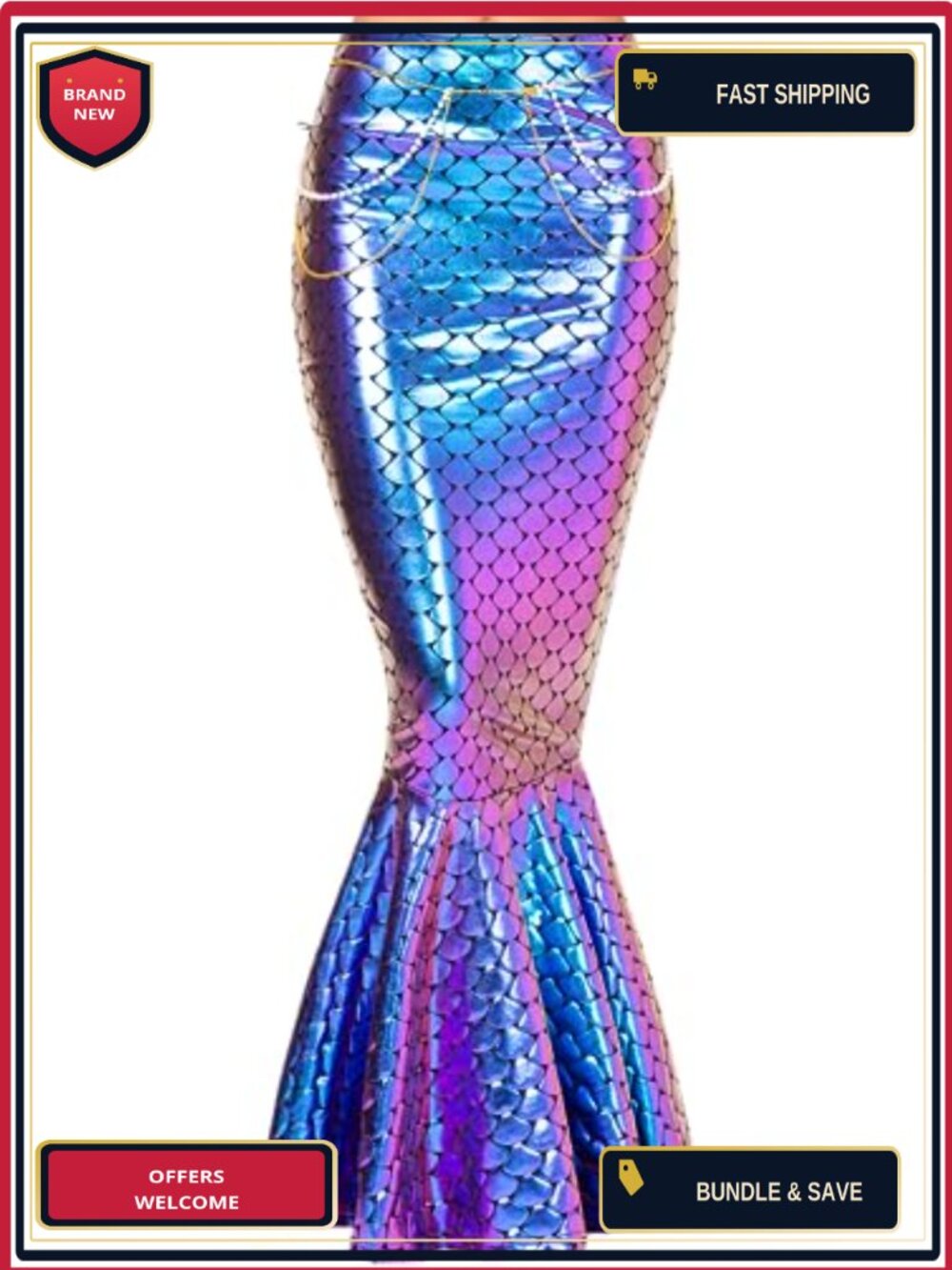 Metallic Hologram Shiny Mermaid Skirt Costume Pearl Necklace Halloween